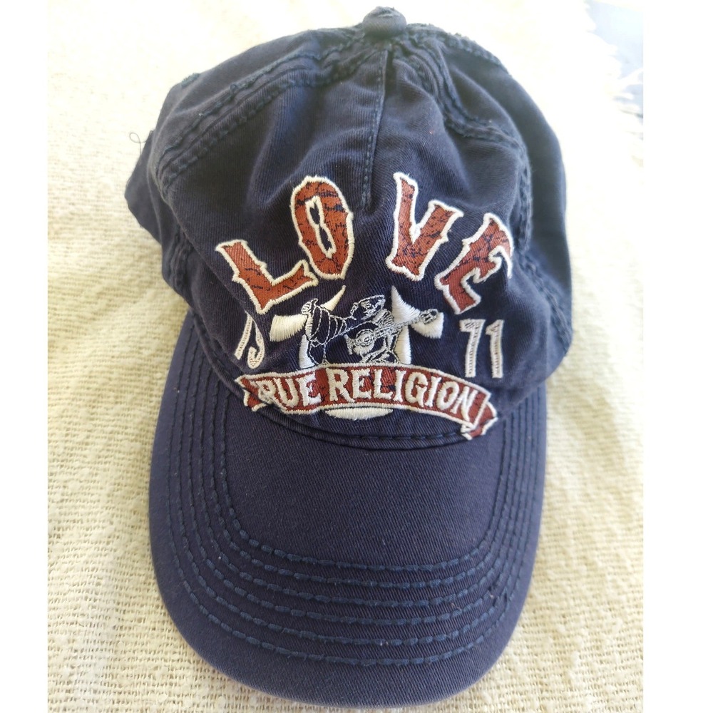 True Religion Hat Unisex OS Navy Love 1971 Buddha Logo Distressed Baseball Cap